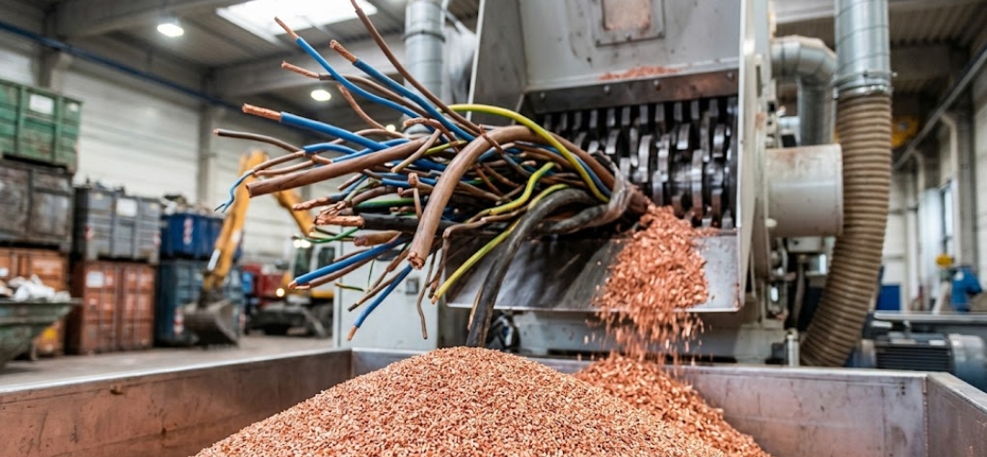 Verarbeitung von alten Kupferkabeln zu sauberem Kupfergranulat in einer Recyclingmaschine Verarbeitung von alten Kupferkabeln zu sauberem Kupfergranulat in einer Recyclingmaschine